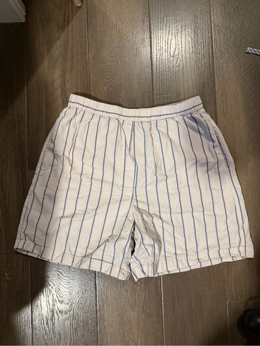 Wilfred White Athletic Shorts with Blue Pinstripes